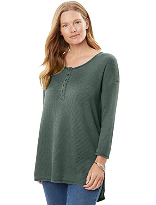 Woman Within Women's Plus Size Washed Thermal Waffle High-Low Henley Tunic