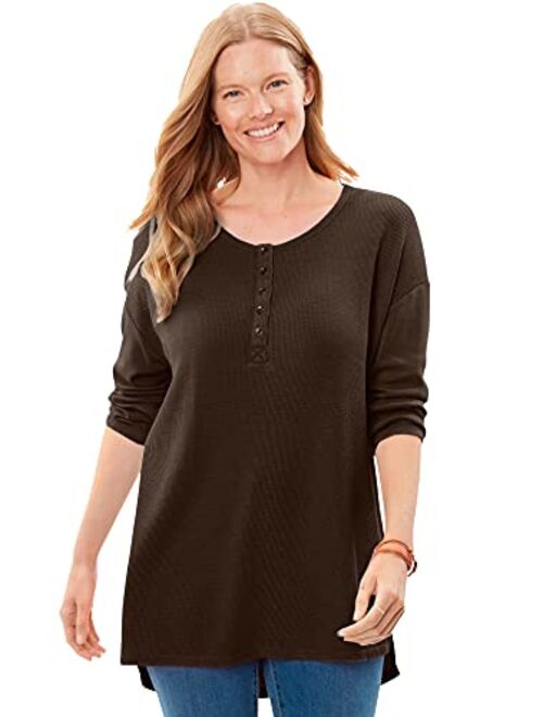 Woman Within Women's Plus Size Washed Thermal Waffle High-Low Henley Tunic