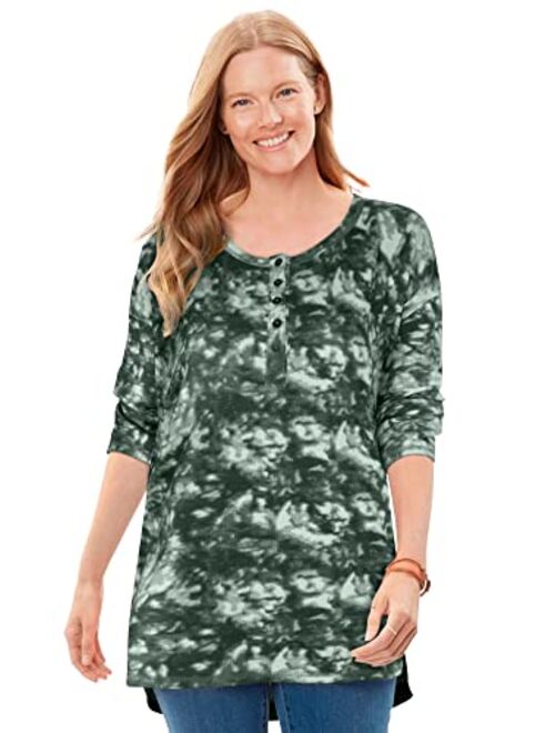 Woman Within Women's Plus Size Washed Thermal Waffle High-Low Henley Tunic