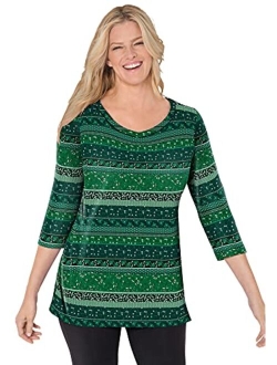 Women's Plus Size Perfect Printed Three-Quarter Sleeve V-Neck Tee Shirt