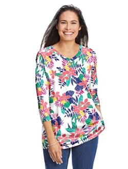 Women's Plus Size Perfect Printed Three-Quarter Sleeve V-Neck Tee Shirt