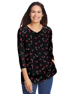 Women's Plus Size Perfect Printed Three-Quarter Sleeve V-Neck Tee Shirt