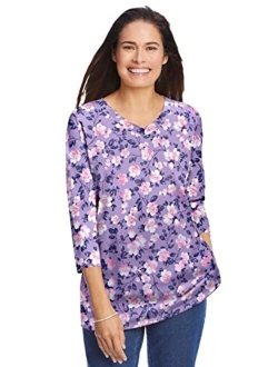 Women's Plus Size Perfect Printed Three-Quarter Sleeve V-Neck Tee Shirt