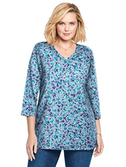 Women's Plus Size Perfect Printed Three-Quarter Sleeve V-Neck Tee Shirt