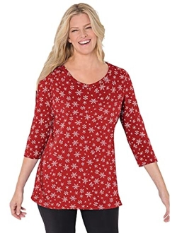 Women's Plus Size Perfect Printed Three-Quarter Sleeve V-Neck Tee Shirt