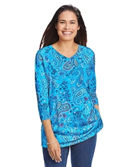 Women's Plus Size Perfect Printed Three-Quarter Sleeve V-Neck Tee Shirt