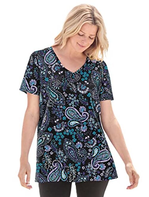 Woman Within Women's Plus Size Perfect Printed Short-Sleeve V-Neck Tee Shirt