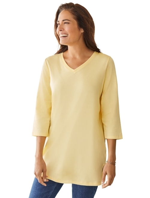 Woman Within Women's Plus Size Perfect Three-Quarter Sleeve V-Neck Tunic