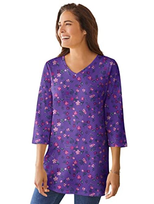 Woman Within Women's Plus Size Perfect Three-Quarter Sleeve V-Neck Tunic