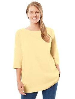 Women's Plus Size Perfect Three-Quarter Sleeve Boat-Neck Tee Shirt