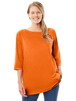 Women's Plus Size Perfect Three-Quarter Sleeve Boat-Neck Tee Shirt