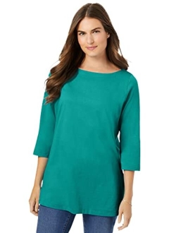 Women's Plus Size Perfect Three-Quarter Sleeve Boat-Neck Tee Shirt