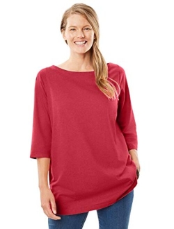 Women's Plus Size Perfect Three-Quarter Sleeve Boat-Neck Tee Shirt