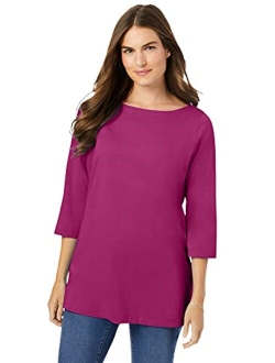 Women's Plus Size Perfect Three-Quarter Sleeve Boat-Neck Tee Shirt