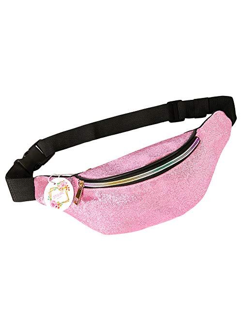 QtGirl Fanny Pack for Kids, Glitter Waist Bag Shiny Bags with Adjustable Belt for Children Sport Running, Camping, Trip