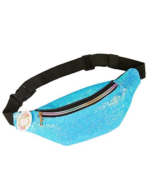 QtGirl Fanny Pack for Kids, Glitter Waist Bag Shiny Bags with Adjustable Belt for Children Sport Running, Camping, Trip