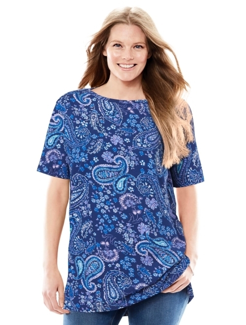 Woman Within Women's Plus Size Perfect Printed Short-Sleeve Boat-Neck Tunic