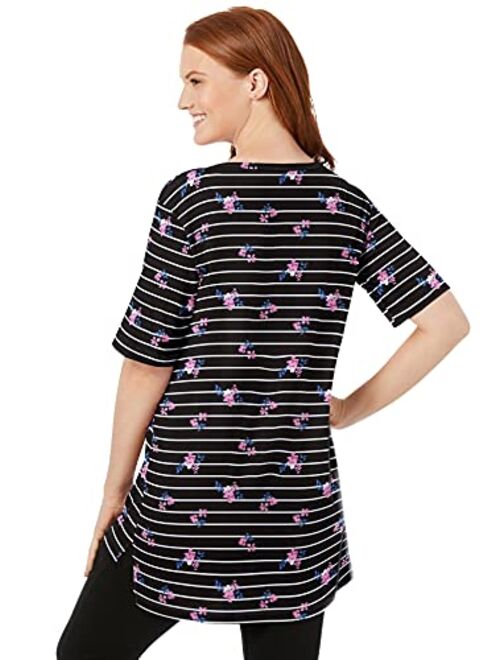 Woman Within Women's Plus Size Perfect Printed Short-Sleeve Boat-Neck Tunic