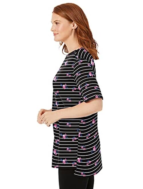 Woman Within Women's Plus Size Perfect Printed Short-Sleeve Boat-Neck Tunic