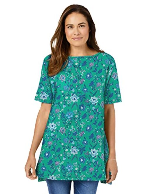 Woman Within Women's Plus Size Perfect Printed Short-Sleeve Boat-Neck Tunic