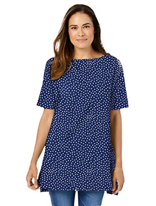 Woman Within Women's Plus Size Perfect Printed Short-Sleeve Boat-Neck Tunic