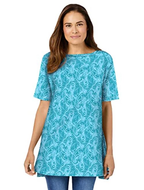 Woman Within Women's Plus Size Perfect Printed Short-Sleeve Boat-Neck Tunic