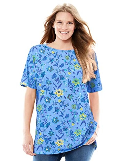 Woman Within Women's Plus Size Perfect Printed Short-Sleeve Boat-Neck Tunic