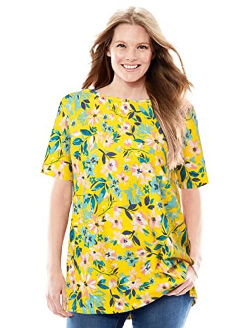 Woman Within Women's Plus Size Perfect Printed Short-Sleeve Boat-Neck Tunic