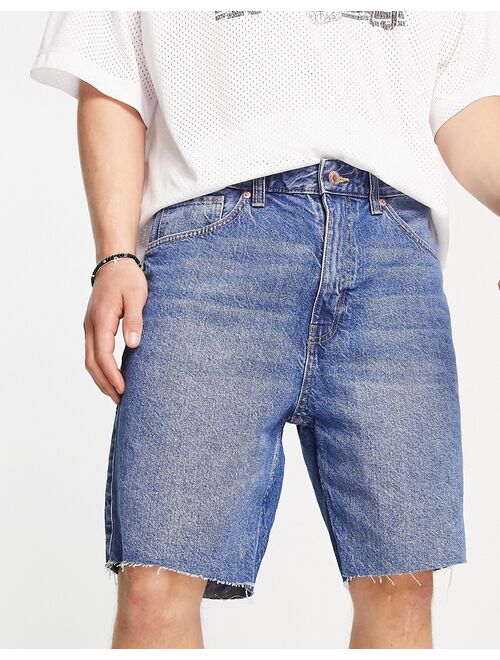 Bershka raw hem denim shorts in blue