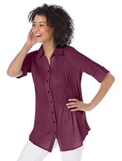 Women's Plus Size Pintucked Button Down Gauze Shirt