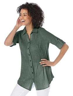 Women's Plus Size Pintucked Button Down Gauze Shirt