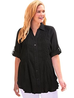 Women's Plus Size Pintucked Button Down Gauze Shirt