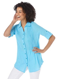 Women's Plus Size Pintucked Button Down Gauze Shirt