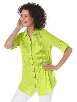 Women's Plus Size Pintucked Button Down Gauze Shirt