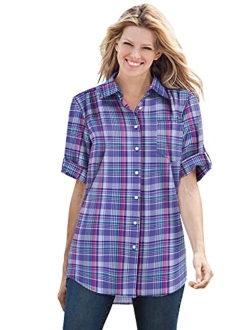 Women's Plus Size Short Sleeve Button Down Seersucker Shirt