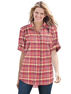 Women's Plus Size Short Sleeve Button Down Seersucker Shirt