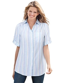 Women's Plus Size Short Sleeve Button Down Seersucker Shirt