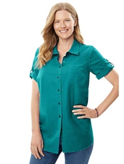 Women's Plus Size Short Sleeve Button Down Seersucker Shirt