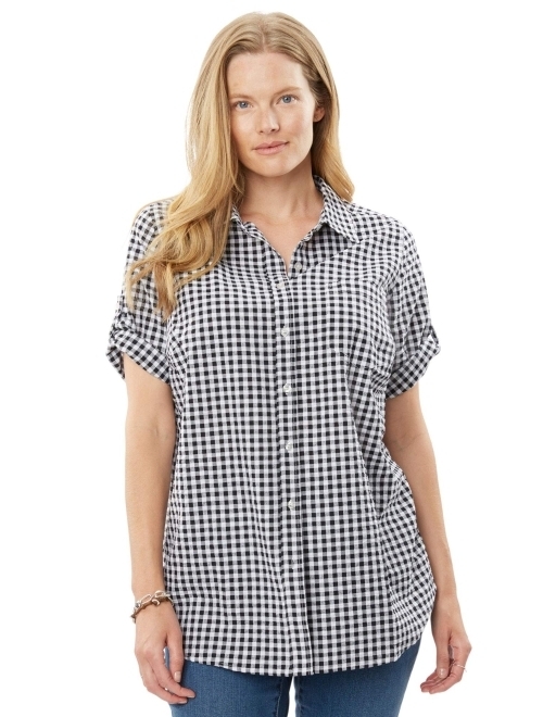 Woman Within Women's Plus Size Short Sleeve Button Down Seersucker Shirt