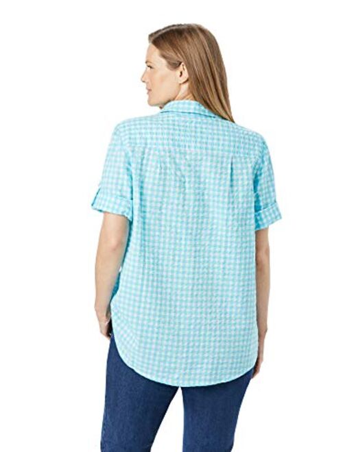 Woman Within Women's Plus Size Short Sleeve Button Down Seersucker Shirt