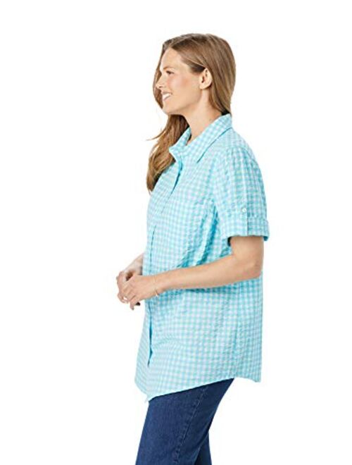 Woman Within Women's Plus Size Short Sleeve Button Down Seersucker Shirt