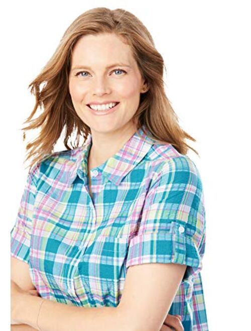 Woman Within Women's Plus Size Short Sleeve Button Down Seersucker Shirt