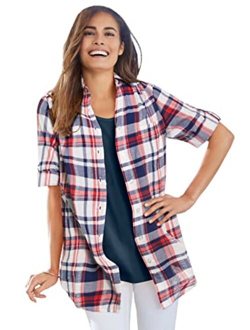 Woman Within Women's Plus Size Short Sleeve Button Down Seersucker Shirt