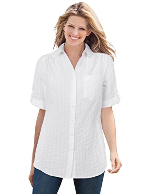 Woman Within Women's Plus Size Short Sleeve Button Down Seersucker Shirt