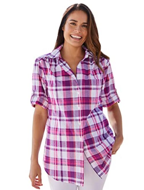 Woman Within Women's Plus Size Short Sleeve Button Down Seersucker Shirt