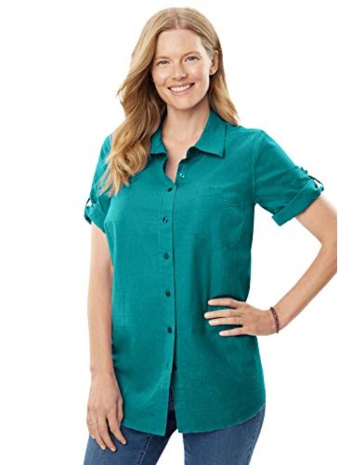 Woman Within Women's Plus Size Short Sleeve Button Down Seersucker Shirt