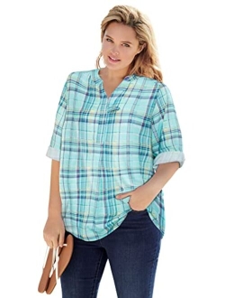 Women's Plus Size Three-Quarter Sleeve Tab-Front Tunic