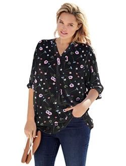 Women's Plus Size Three-Quarter Sleeve Tab-Front Tunic