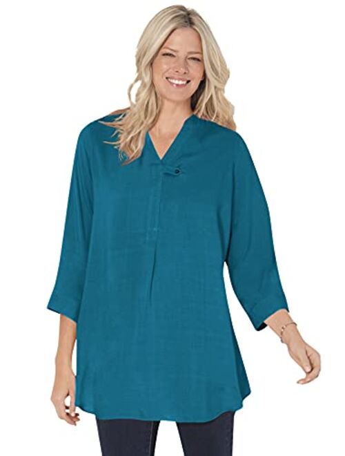 Woman Within Women's Plus Size Three-Quarter Sleeve Tab-Front Tunic