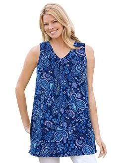 Women's Plus Size Perfect Printed Sleeveless Shirred V-Neck Tunic